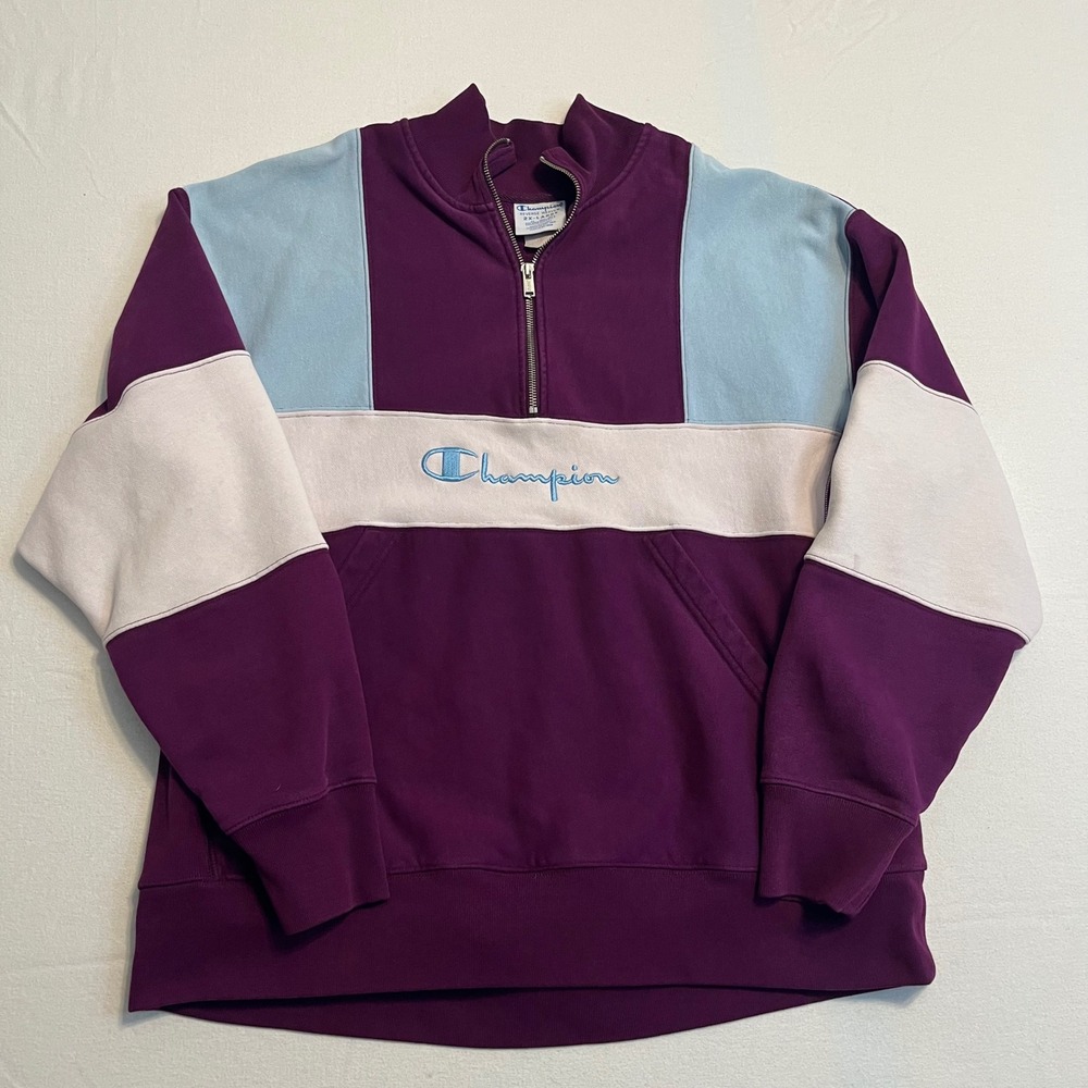 Champion Reverse Weave Colorblock Quarter ZIp Sweatshirt Mens 2XL Purple Fleece